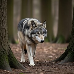  A gray wolf strolls through a hushed forest, its gaze focused on the ground.