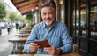 © Elegance Frames - Smiling middleaged man with beard sitting outdoors at a cafe table