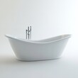 © Emma - Elegant white freestanding soaking bathtub with modern chrome floor mounted faucet isolated against a bright minimalist background