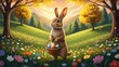 © MstNehar - A charming rabbit stands in a field carrying a basket of colorful easter eggs