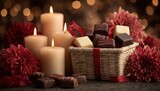 Warm glowing candles illuminate a basket filled with gourmet chocolates and rich red flowers