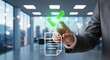 © Creative Mahdi - Hand touching green checkmark over document icon in modern office check mark approval