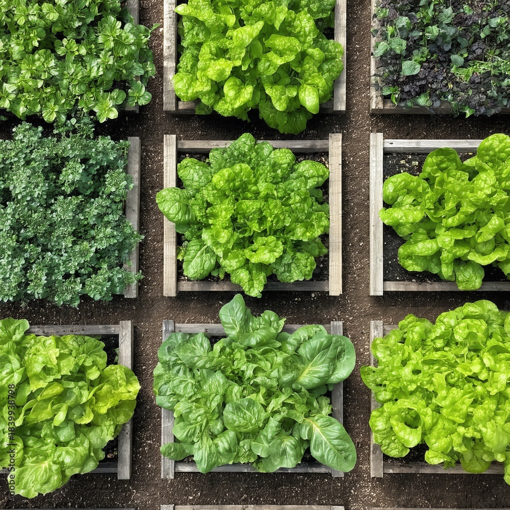 Top view of fresh green vegetables growing in wooden garden beds