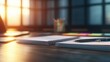 © oksa_studio - Notebooks and pen on wooden desk in modern office with sunlight streaming through window for business and creative projects