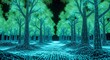 © Artfinity - Digital future of forestry and sustainable environment. Computer vision and ecological technology. Wireframe representation of a forest with glowing green light