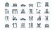 © Nayyab - Set of 30 parking outline icons featuring linear symbols for vehicles, garages, directions and parking services in minimalist modern illustration style on white background