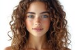 © Miramiska - A detailed close-up portrait of a woman featuring prominent freckles and voluminous, curly hair. The white background emphasizes the subject's natural beauty.