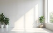 © Michael - Minimalist Pastel pale light neutral gray empty room interior blank wall background backdrop with plants window light shadows for online presentations webinars and virtual meetings teams video call
