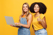 © ViDi Studio - Two young friends buddies IT women wear denim casual clothes together hold use work on laptop pc computer show thumb up isolated on plain yellow orange background studio portrait. Lifestyle concept.