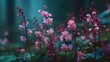 © horizon - Cluster of tall slender pink Heuchera wildflowers grows in a garden against a dark green background with soft focus and natural beauty.