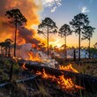 © Mustafa - Sunset over a wildfire in a pine forest.  Flames engulf the underbrush and fallen logs.  Dark smoke billows against vibrant orange sunset sky