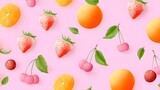 Bright repeating pattern with juicy strawberries sweet cherries and fresh oranges scattered on pink background with green leaves evoking summer freshness and joy