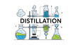 © Hafiz - A colored line illustration diagram depicting the distillation process in a laboratory.