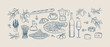 © Olena - Italian food doodle set, Collection of Mediterranean products in hand drawn style, Pizza and Italian pasta with shrimps set of cheeses and wine vintage design.