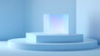© Thiago - A minimalist presentation stage with a floating cube in a cool blue ambiance. The cube appears to emit a soft, ethereal light, drawing the eye and suggesting a sense of mystery