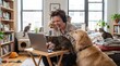 © peacefy - A woman working on laptop at home is surrounded by playful cats and a golden retriever, depicting a cozy and lively atmosphere.