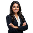 © Creative Design - Smiling indian businesswoman with arms crossed wearing a black suit isolated on transparent background