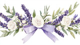 Watercolor art of lavender wreath featuring white roses and greenery, beautifully arranged with purple ribbon