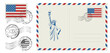 © sanchesnet1 - Blank post card with rubber stamp. Mockup realistic post card and postage stamp with USA flag.