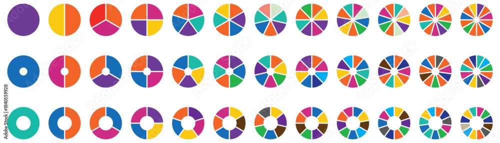 Pie charts diagram set. Circle pie charts 1,2,3,4,5,6,7,8,9,10,11,12 ...