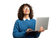 © noyon.me121 - A joyful woman with curly hair and glasses wearing a blue sweater holds a laptop and looks upwards with a bright smile isolated on transparent background