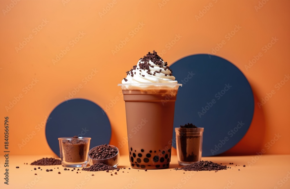 Chocolate milk tea with whipped cream and chocolate bits in a clear ...
