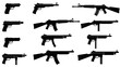 © Umi - A collection of various firearms, including handguns, rifles, and submachine guns, presented in silhouette against a white background.