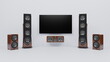 © angel_nt - Four tall speakers and a center speaker surround a flat-screen television on a white wall. space is arranged to offer an immersive audio experience for entertainment. 3d render
