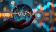 © miss irine - Hand holds crystal ball with stock market chart, cityscape reflection. Financial forecast, investment concept. Business, economy trend prediction with financial graph. Market analysis, investment