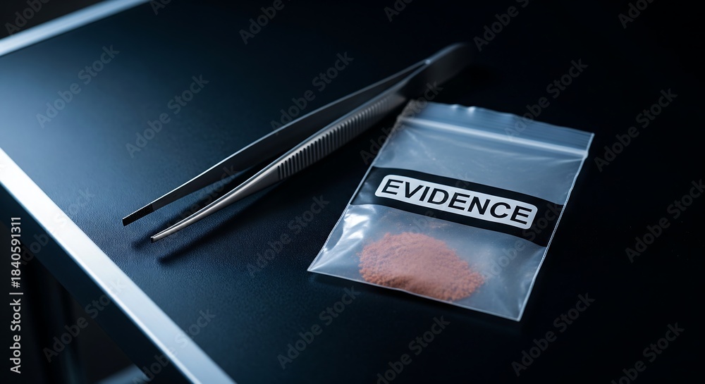 Forensic evidence collection with tweezers and sealed sample bag on ...