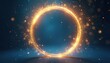 © miss irine - Golden circle frame glows on dark blue background. Abstract light effect creates a magical atmosphere. Suitable for announcements or branding.
