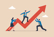 © Hanufa - Business improvement or development plan to grow profit, team and community to help improve process for success concept, businessman and woman coworker or team help move arrow upward for growth