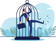 © Premium Shop - Businessman breaking free - Man kicking a cage open to find freedom. Break free from work, and life change concept. Vector illustration with white background