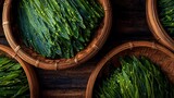 Baskets overflowing with vibrant green vegetables and fresh herbs on wooden table rustic