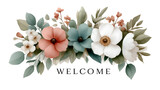 Elegant watercolor floral arrangement featuring soft blush peach teal and white anemone style blossoms with muted green foliage beneath the word welcome