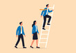 © Hanufa - Climbing corporate ladder, job promotion or career growth, ladder of success, opportunity or challenge to grow career, businessman woman employee line up to climb corporate career ladder of success.