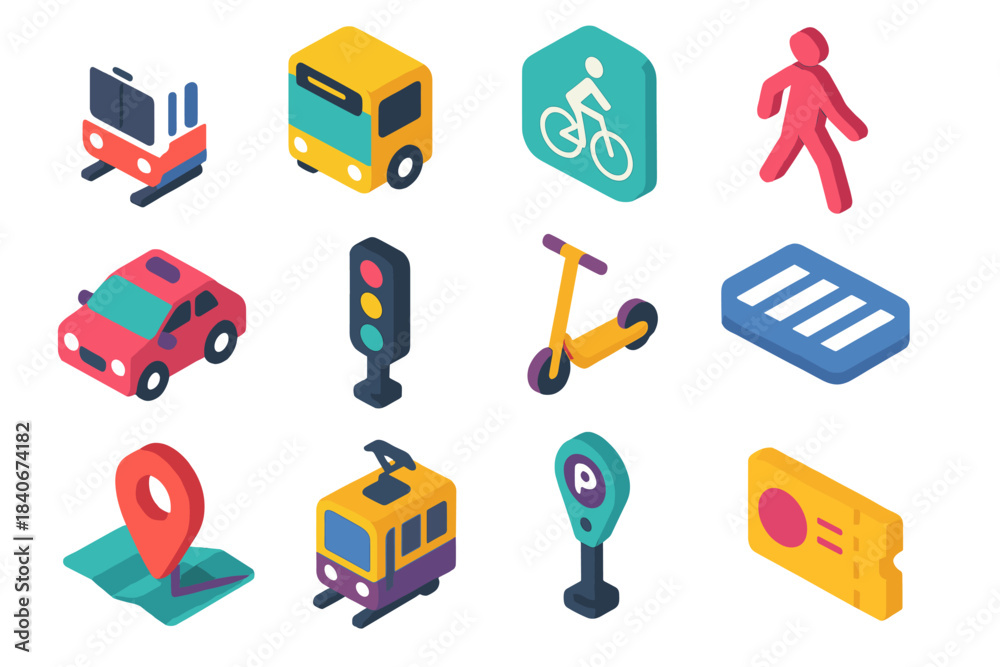 Urban Commute Icons. Urban Commuting Patterns isometric flat set ...