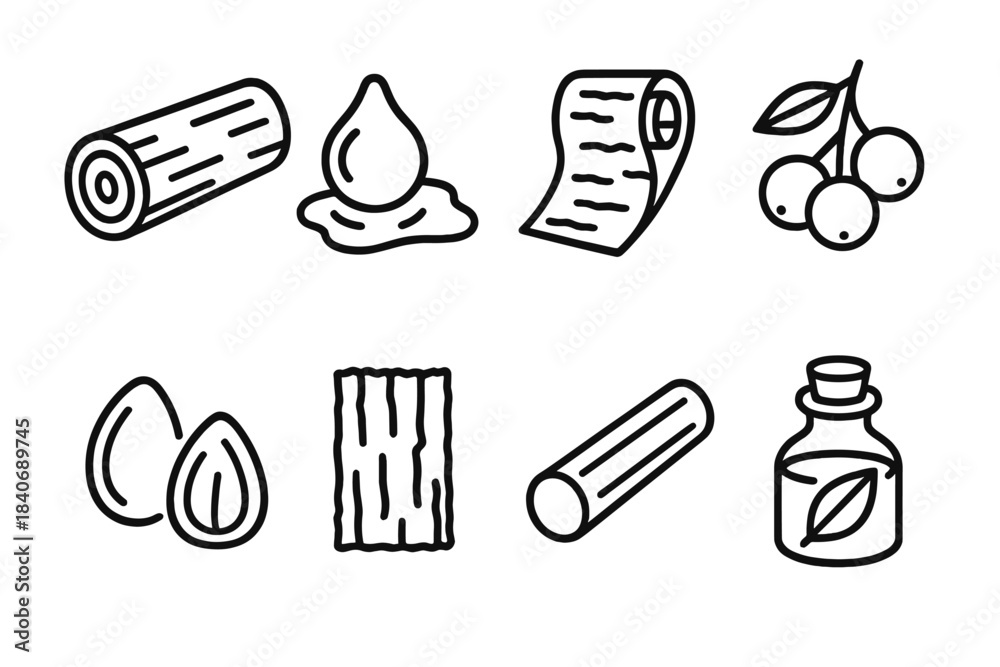 Tree Bark Powder Icon Tree Product Icons. Tree-based products set linear set: raw timber ...