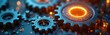 © miss irine - Metal gears mesh together with glowing orange energy, representing collaboration, innovation. Sparks fly around interlocking parts, suggesting active progress, synergy. Visual abstract dynamic