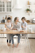 © fizkes - Kitchen traditions. Smiling young mother enjoy playful cooking time with kids guide little daughter son in preparing dumplings for dinner teach children to form pies from rolled dough by family recipe