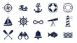 © charli - Comprehensive collection of sleek solid vector icons, featuring a variety of nautical and marine symbols for maritime themes, sailing, and ocean exploration designs