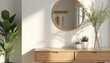 © Pete - Modern entryway with Scandinavian design. Light wood console table displays potted plants, vase with branches. Round mirror reflects sunny window. Natural light streams in, creating soft shadows on