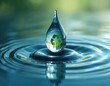 © Pete - Clean water droplet with recycling symbol inside. Symbol shows reuse reduce recycle. Clean liquid reflects green nature. Water drop ripples on surface.