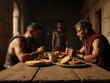 © Professional Agency - Two gladiators share a simple meal at a wooden table before a possible duel in an ancient setting