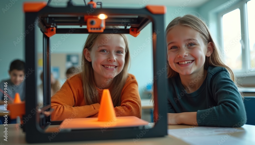 Two happy girls smile near 3d printer in classroom. Children learn ...