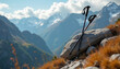 © Viktor - Two hiking poles rest on a large rock on a mountain slope. Dry grass and vast landscape spread out behind with hazy blue peaks under cloudy sky.