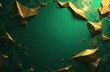 © Viktor - Abstract green and gold geometric shapes create textured surface. Sharp polygonal facets with metallic sheen interlace with smooth emerald background. Small gold accents scatter across scene.