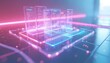 © Viktor - Transparent screens display code. Digital interface glows with neon light. Futuristic tech display shows data streams. Modern ux design concept. AI program runs on glass.