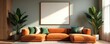 © Viktor - Interior scene with modern orange sofa, green plants in pots, large blank picture frame above. Sunlight streams through window creating shadows on wall, floor. Cozy living room area offers clean
