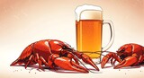 Vibrant red crustaceans accompany a frothy glass of golden beverage